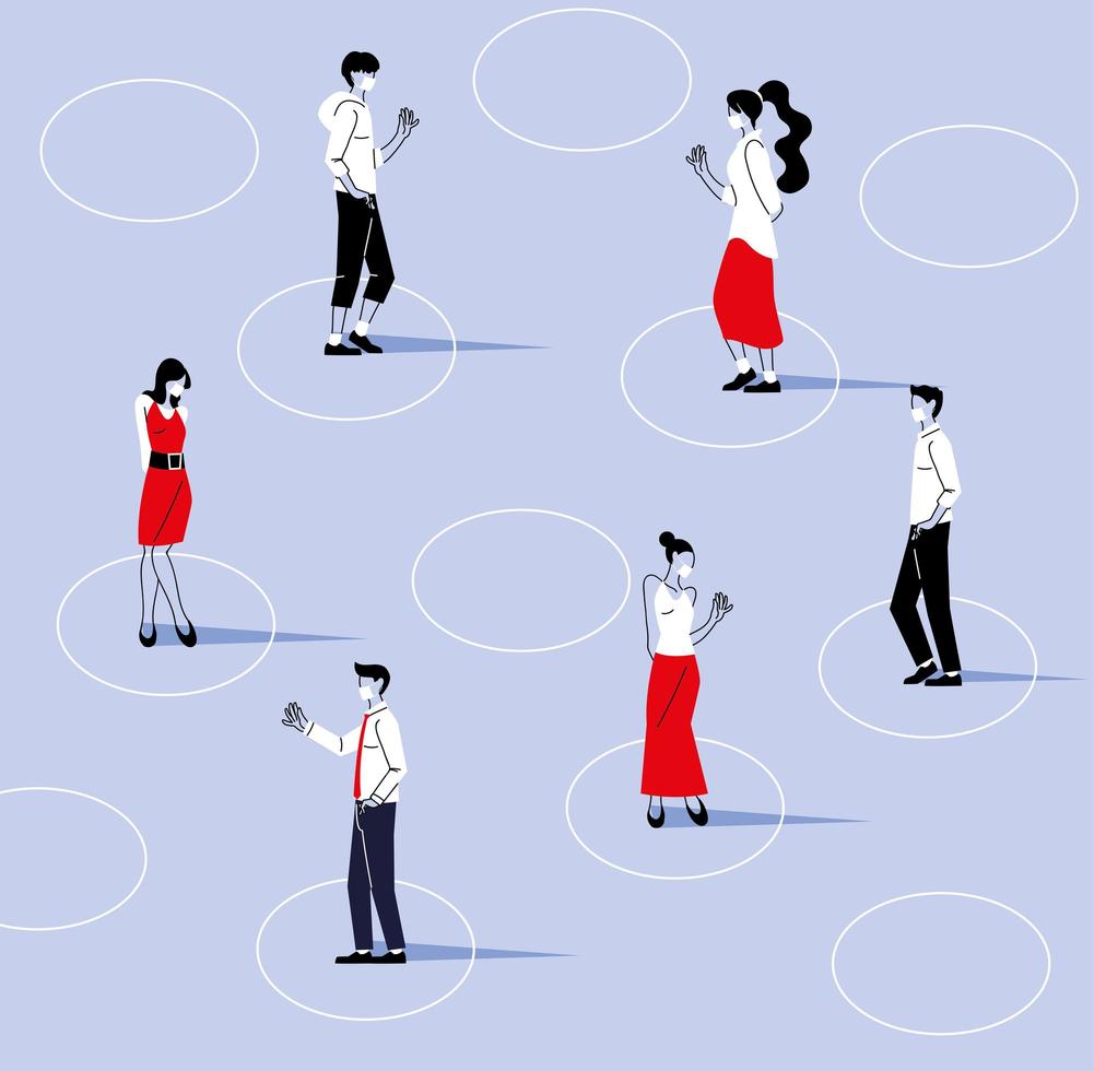 Social distancing between women and men with masks vector