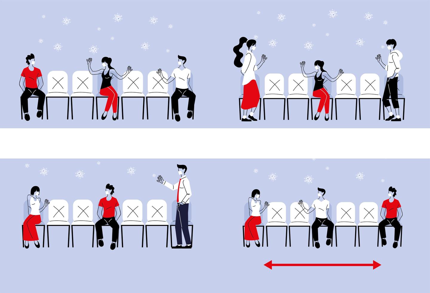 Social distancing between people with masks on chairs vector