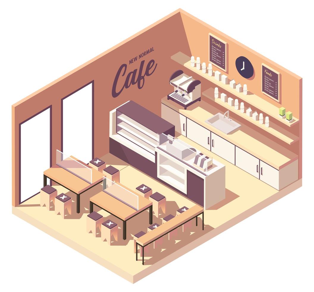 Isometric cafeteria coffee shop in new normal vector