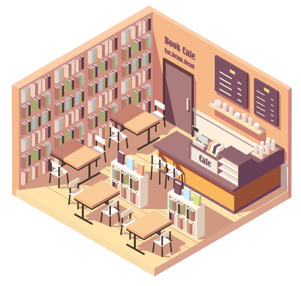 Isometric interior of bookstore or library cafe vector
