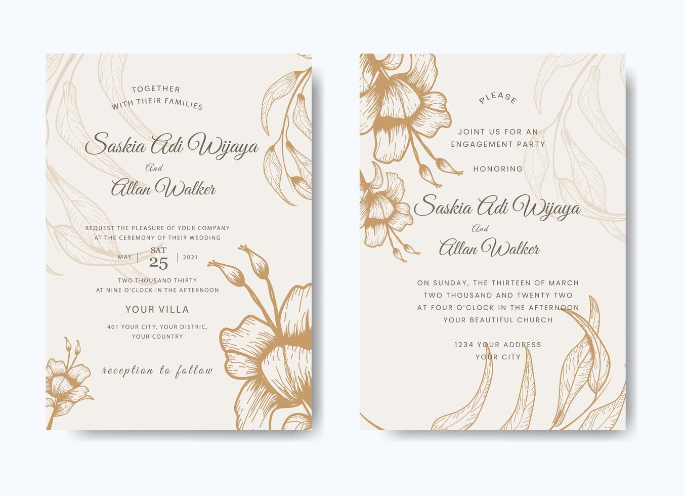 Elegant floral wedding invitation set vector