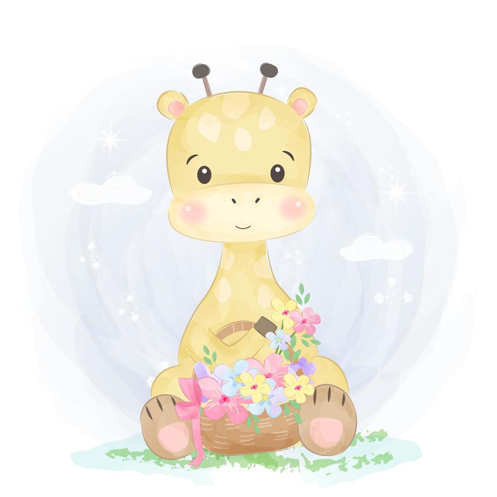 Cute baby giraffe holding a basket full of flowers vector