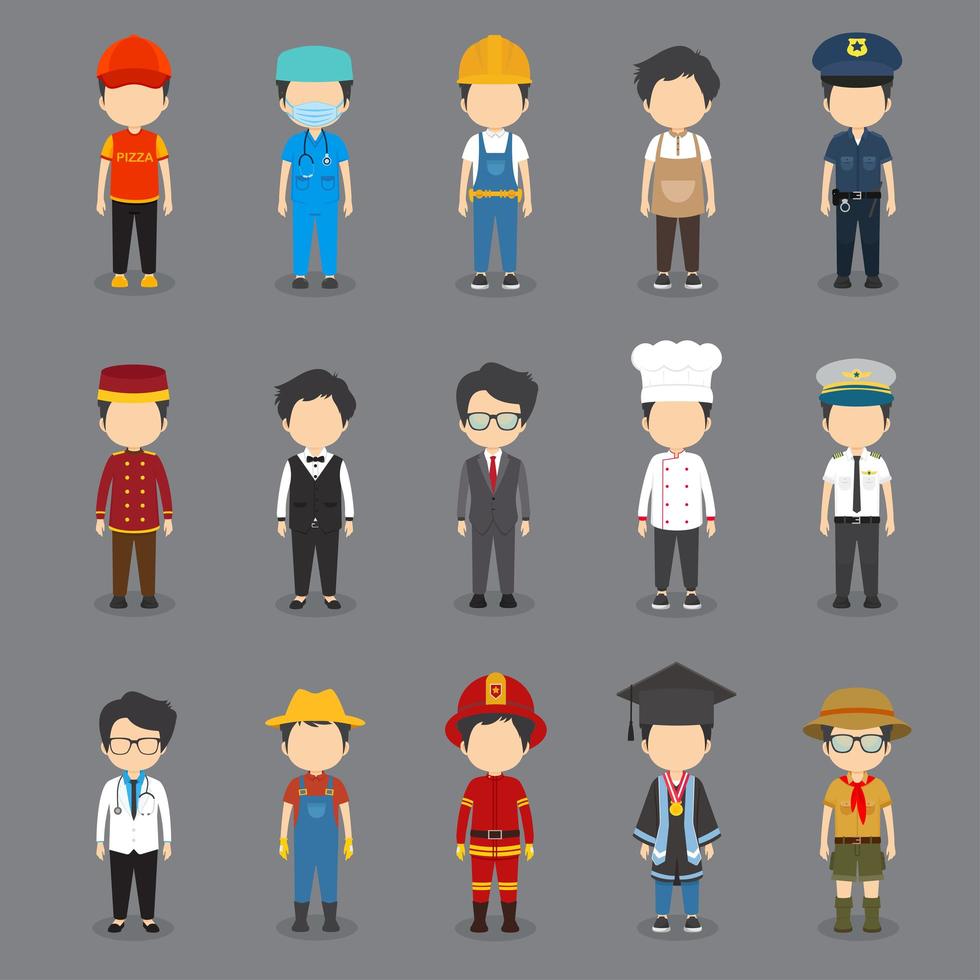 conjunto de 15 avatares masculinos de profesión plana vector