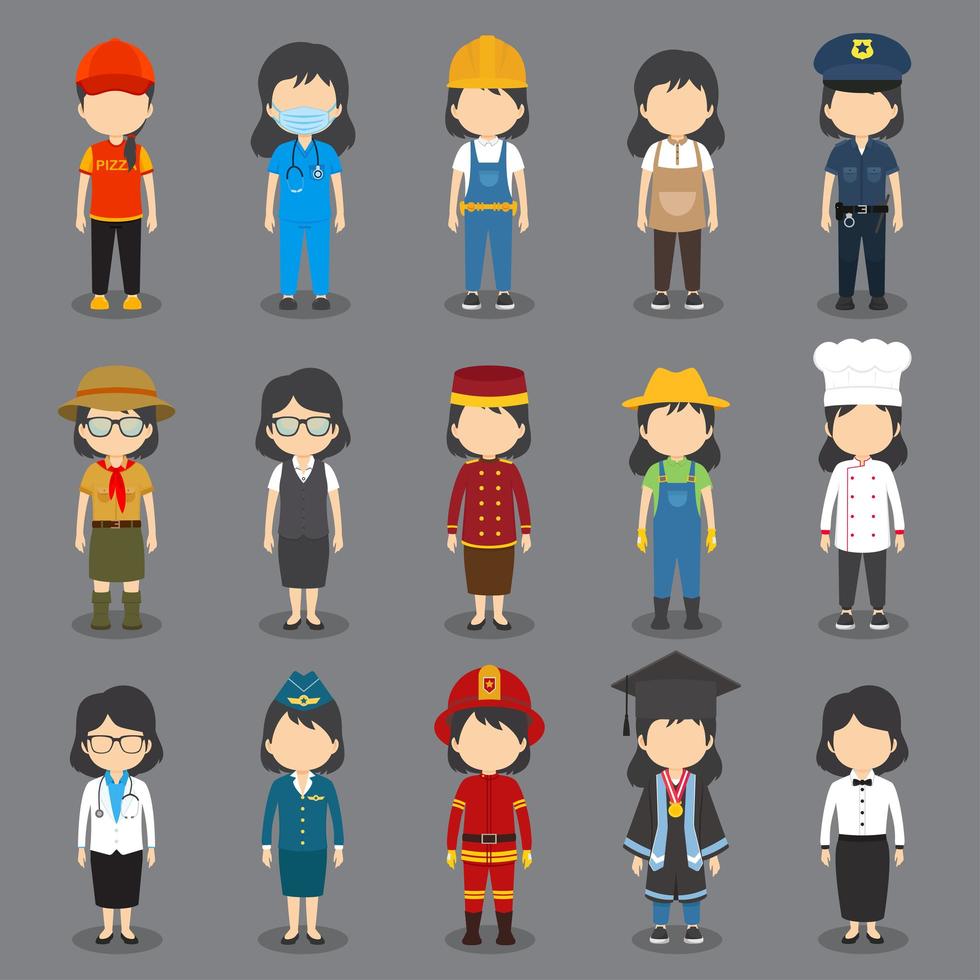 Set of 15 Flat Profession Female Avatars vector