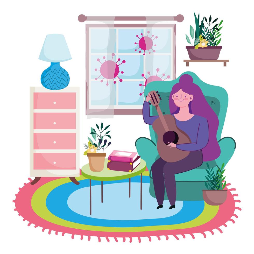 Young woman playing guitar indoors protected from Covid-19 vector