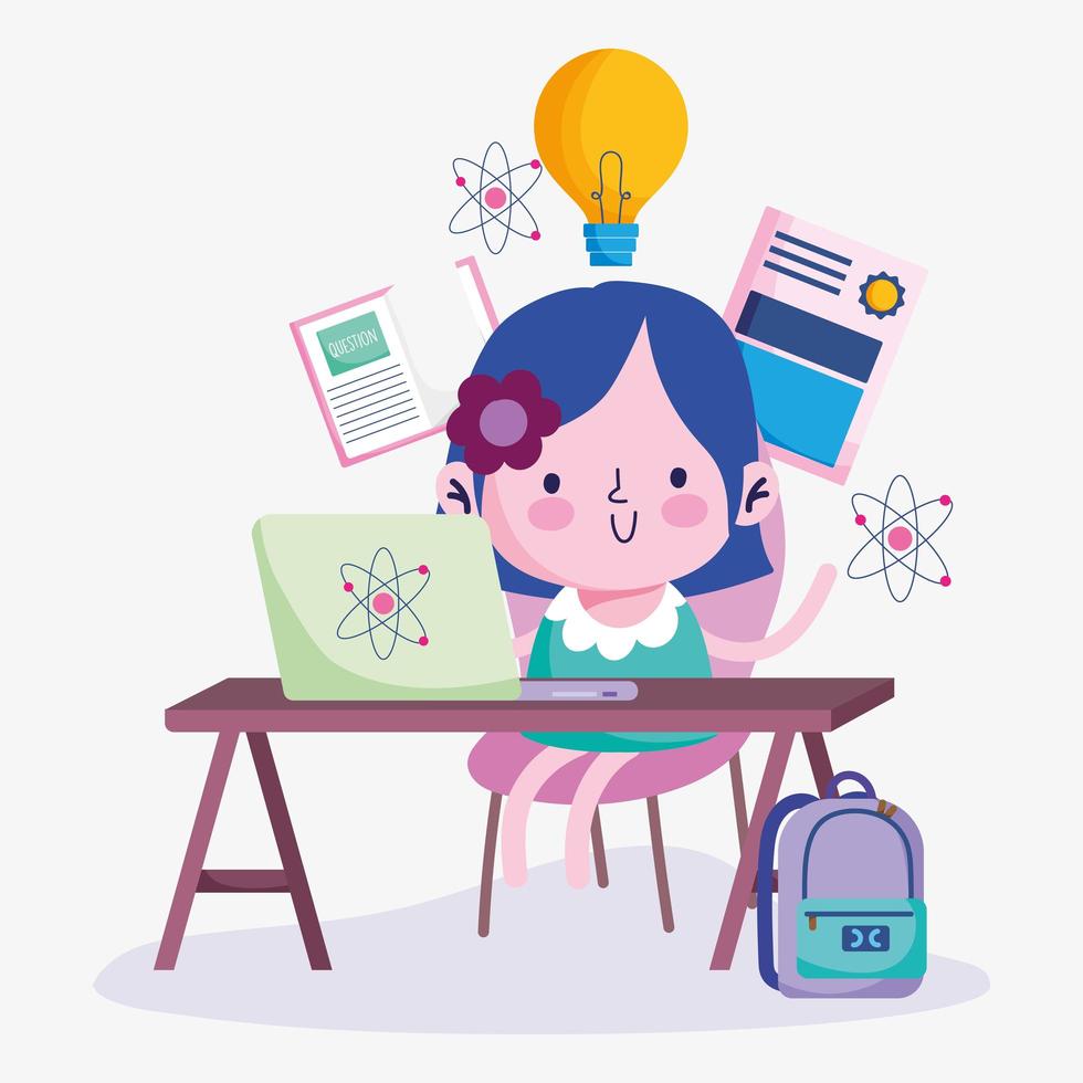 Education online, cute girl student at desk with laptop vector