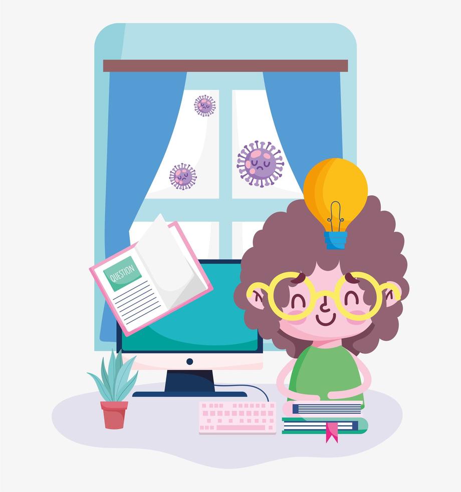 Education online, boy in room with computer and books vector