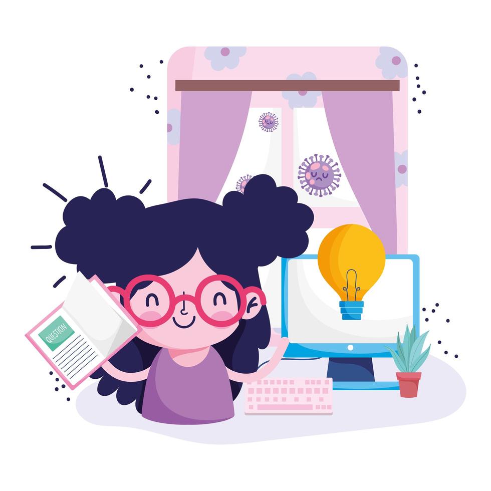 Education online, girl with book and computer in room vector