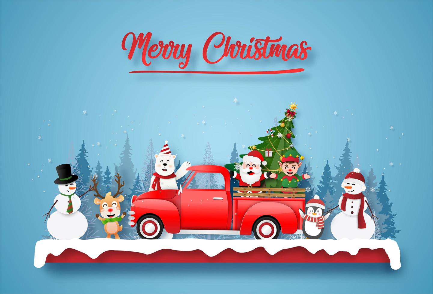 Christmas postcard with Santa and friends on a truck vector