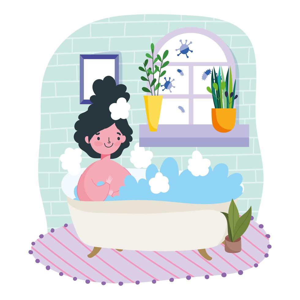 Young woman relaxing in tub indoors protect from Covid-19 vector