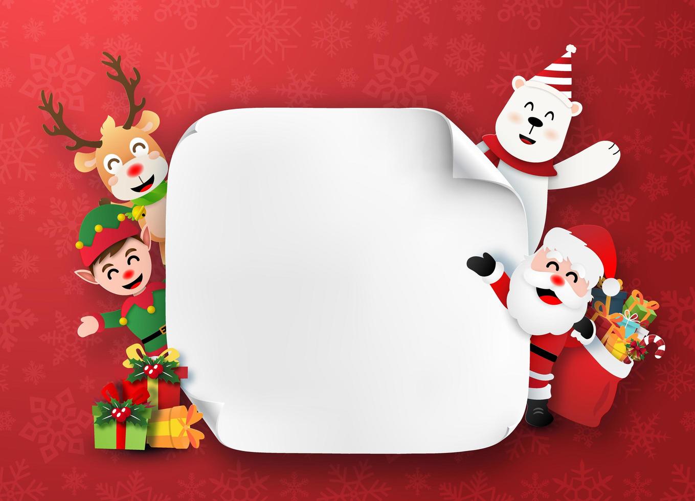 Christmas characters holding a blank banner vector