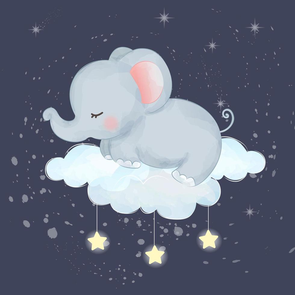 lindo bebé elefante durmiendo en una nube vector