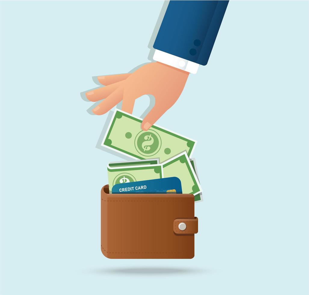 Hand taking money from closed wallet vector