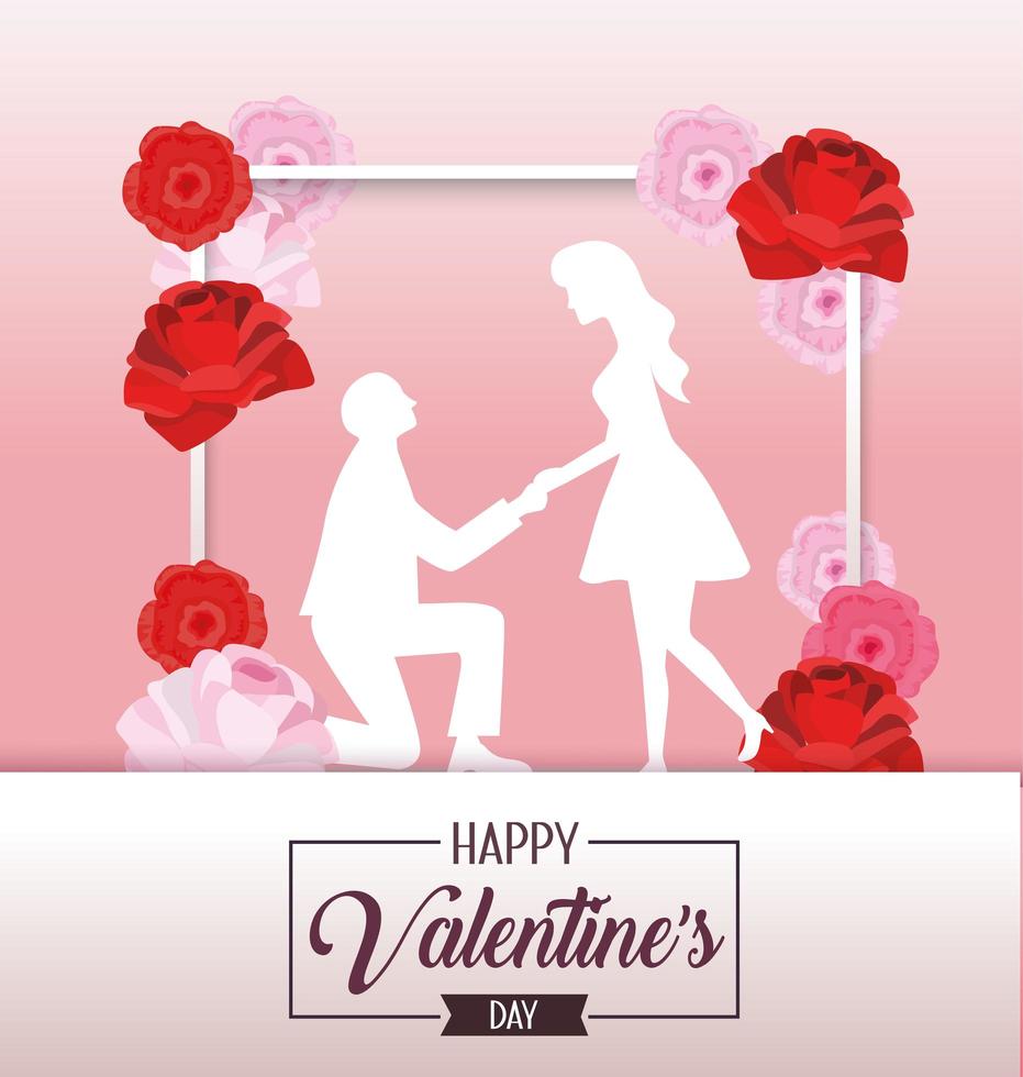 decoración de flores con pareja para el día de san valentín vector