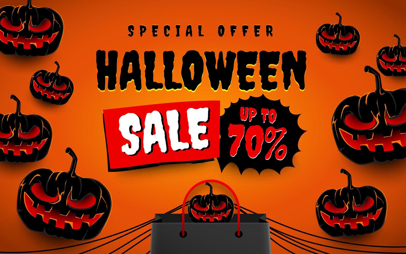 cartel de venta de halloween con calabazas y bolsa de compras vector