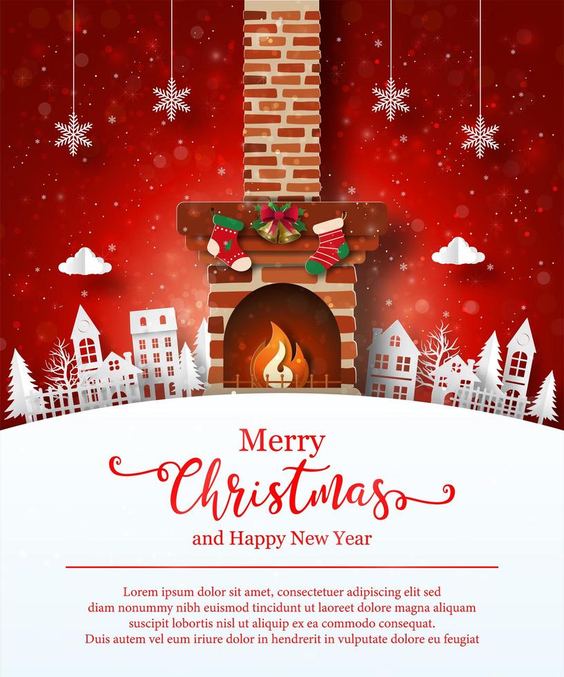 Christmas poster template with fire place vector
