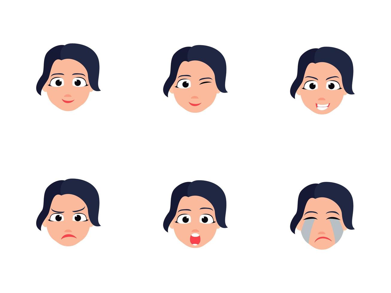 Set Of Cute Girl Heads With Different Facial Expressions vector
