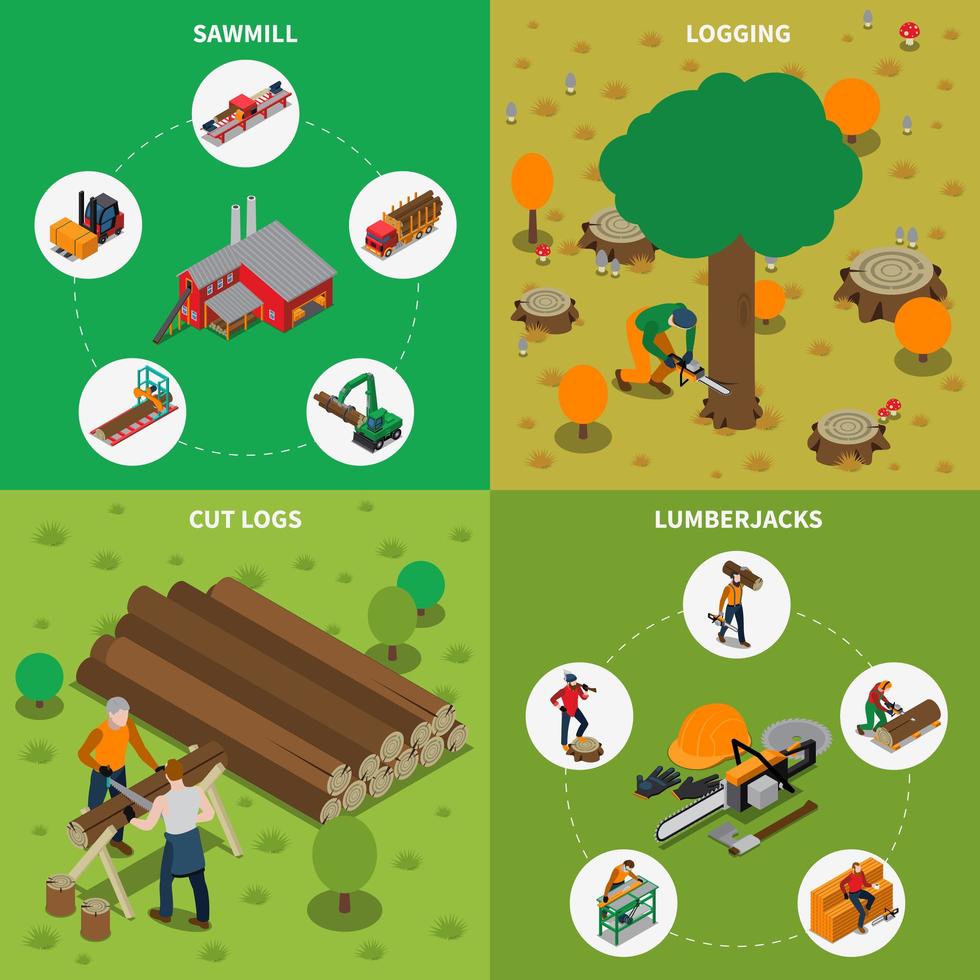 Sawmill Timber Mill Lumberjack Isometric vector