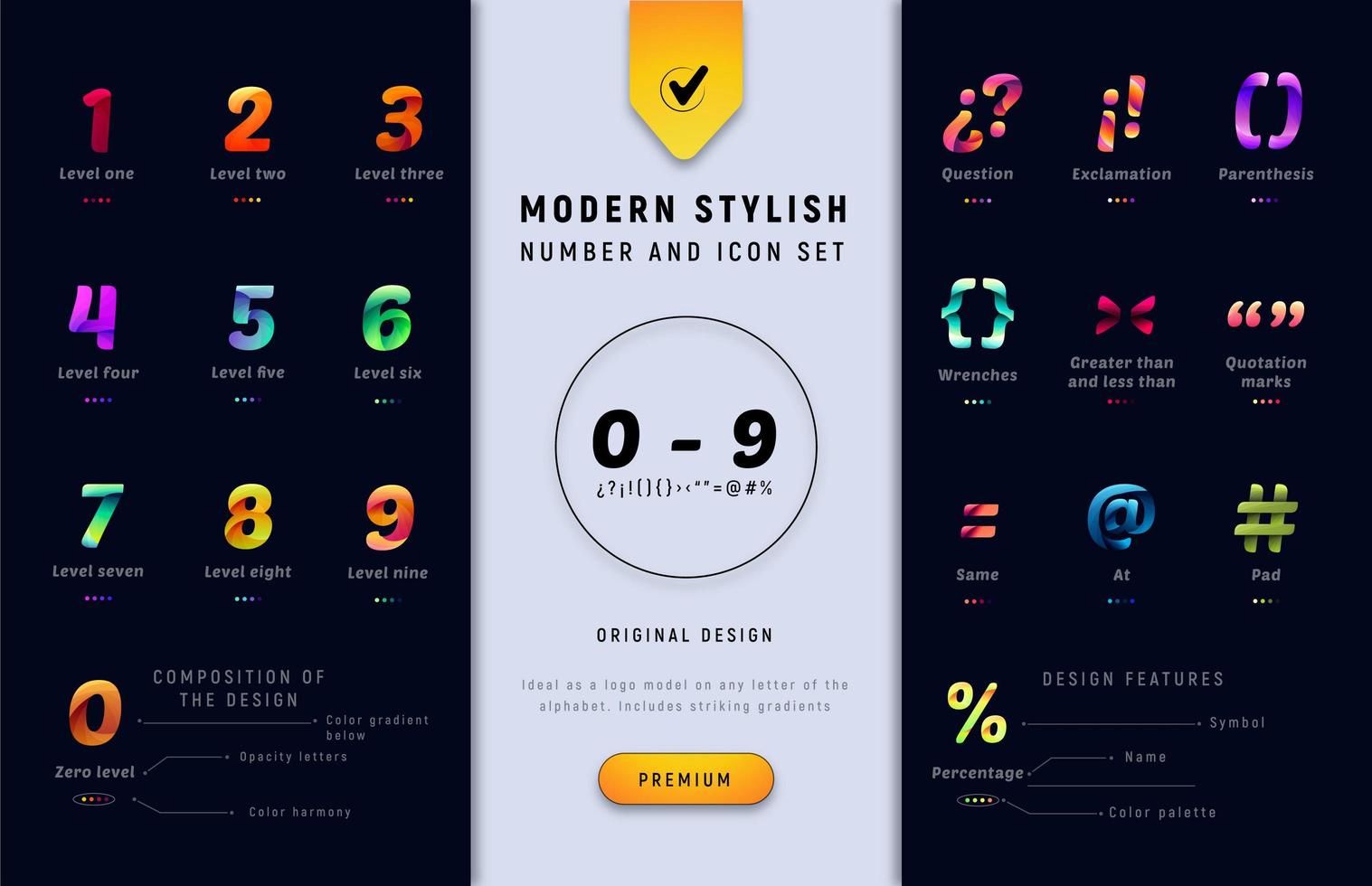 Number and punctuation gradient character set vector