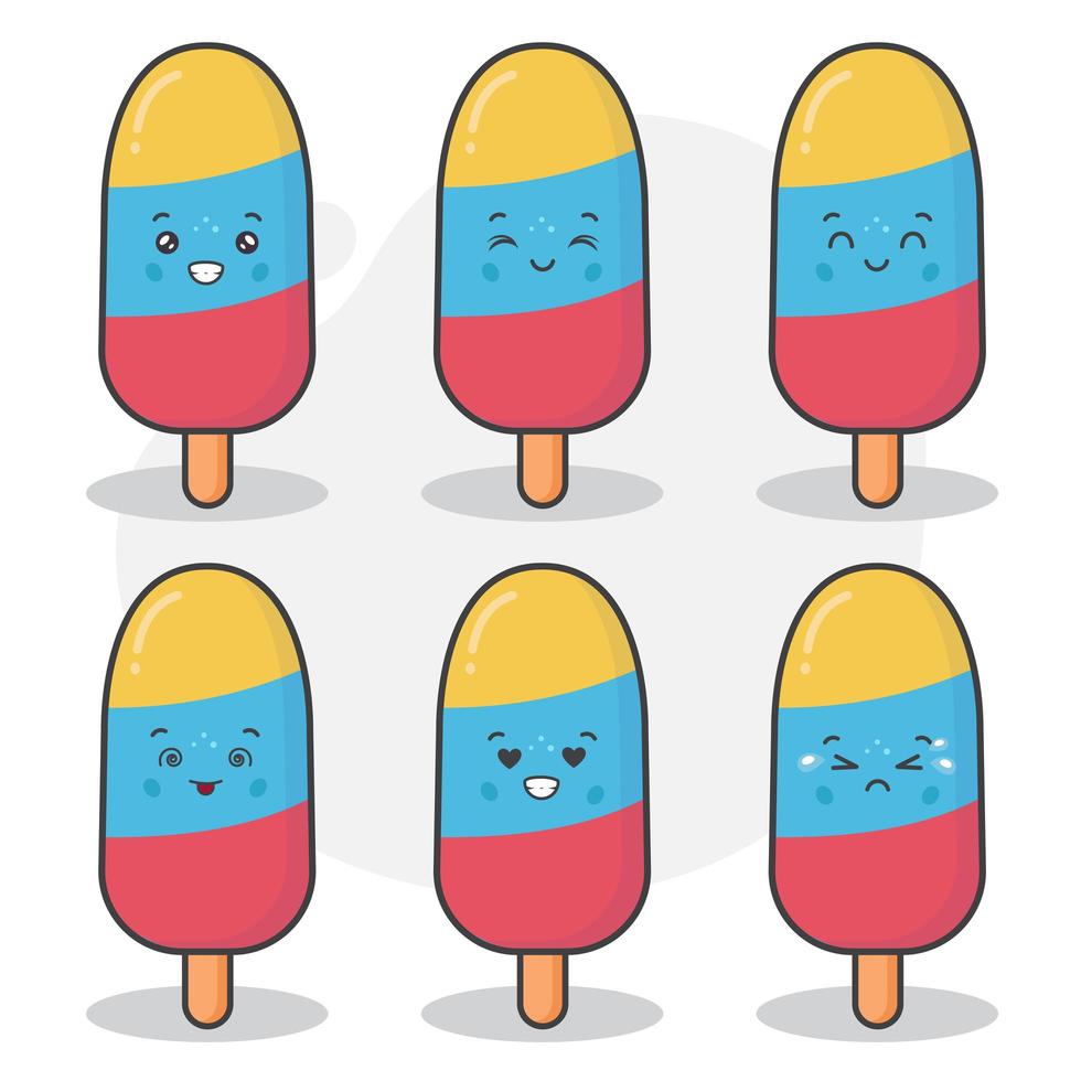 lindos personajes de helado con diferentes expresiones vector