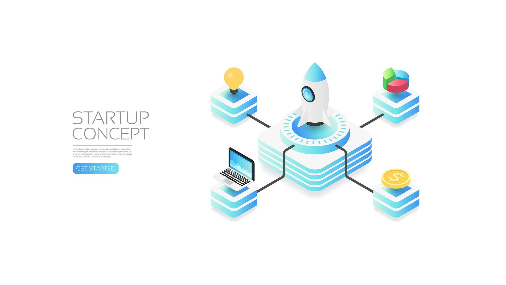 Isometric startup concept with rocket and icons vector