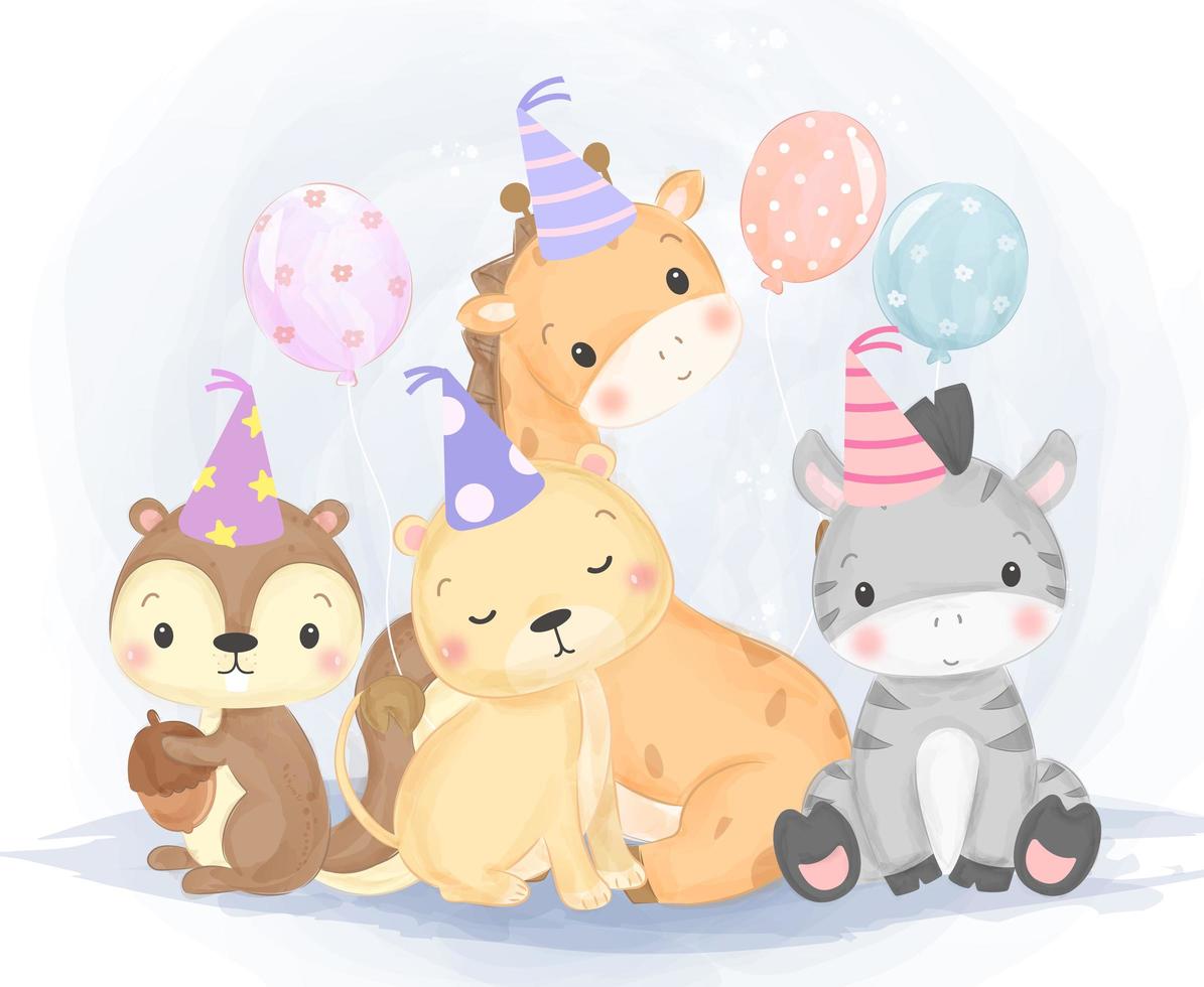 lindos animales salvajes bebé con gorros de cumpleaños vector