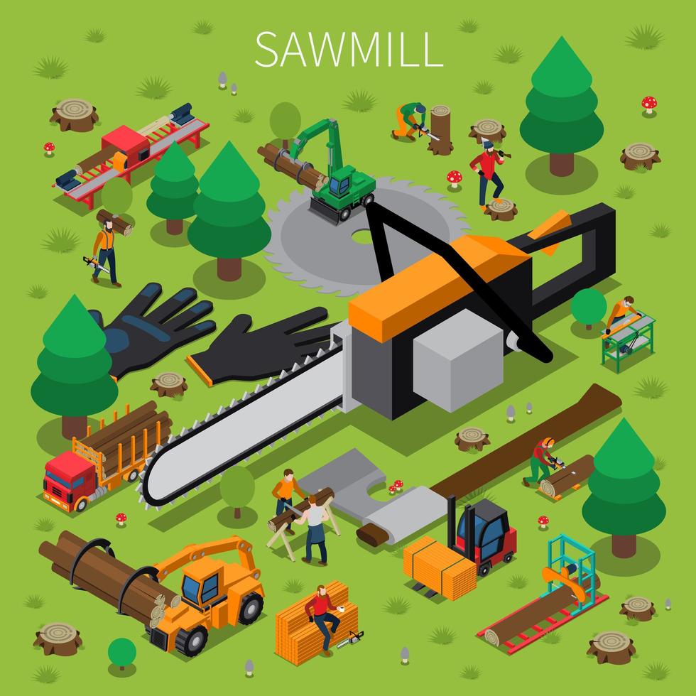 Sawmill Timber Mill Lumberjack Isometric Composition vector