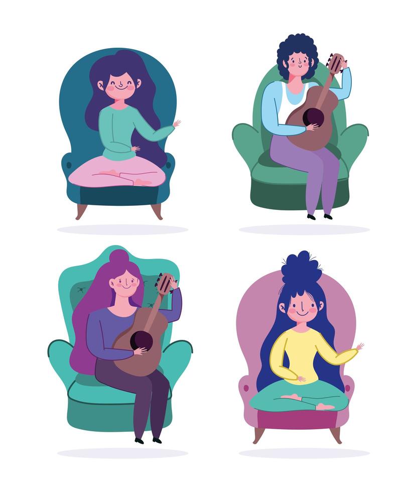 Peopl at home in chairs and playing giuiar set vector