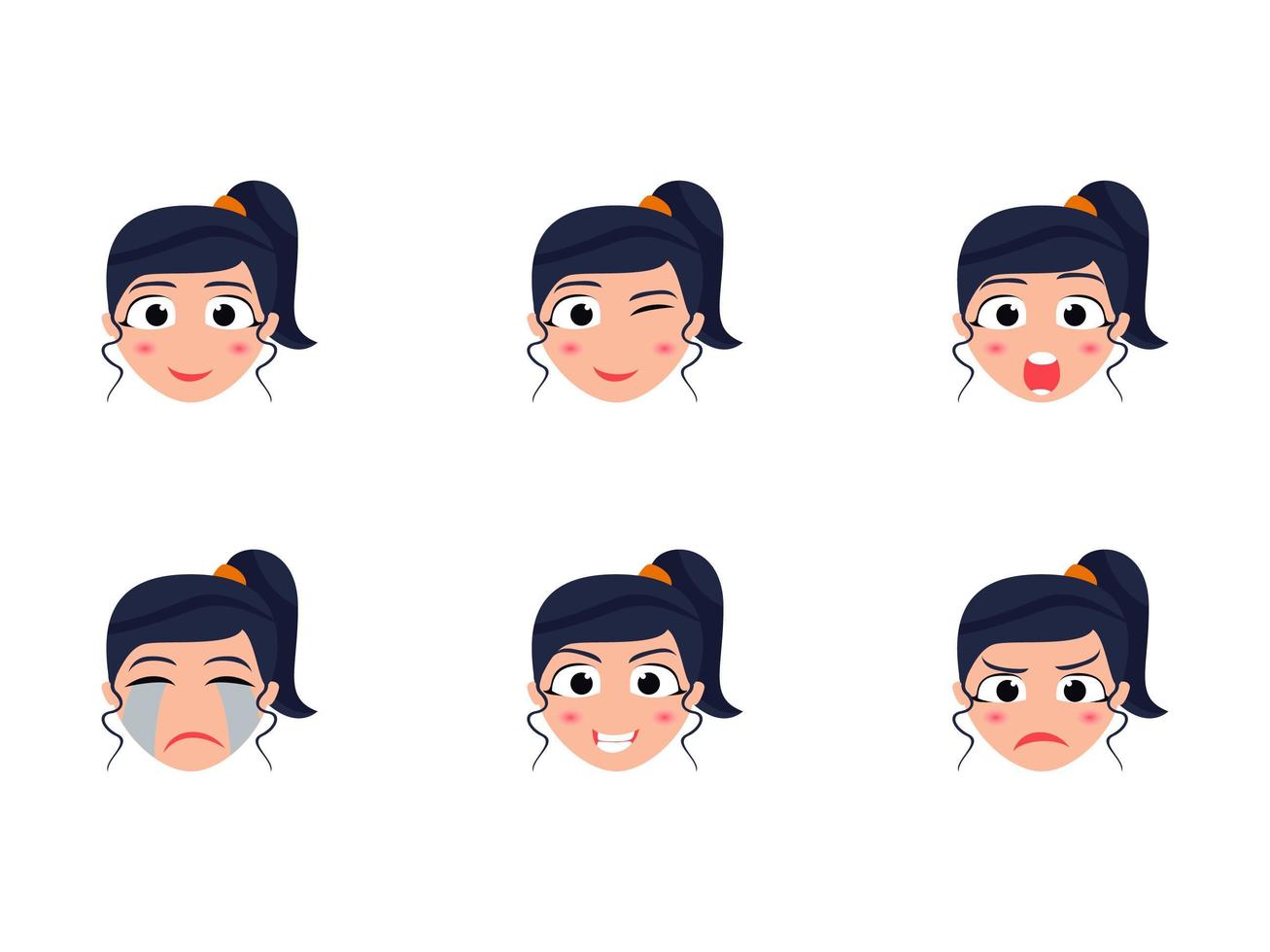 Cute Girl Head Set With Different Facial Expressions vector