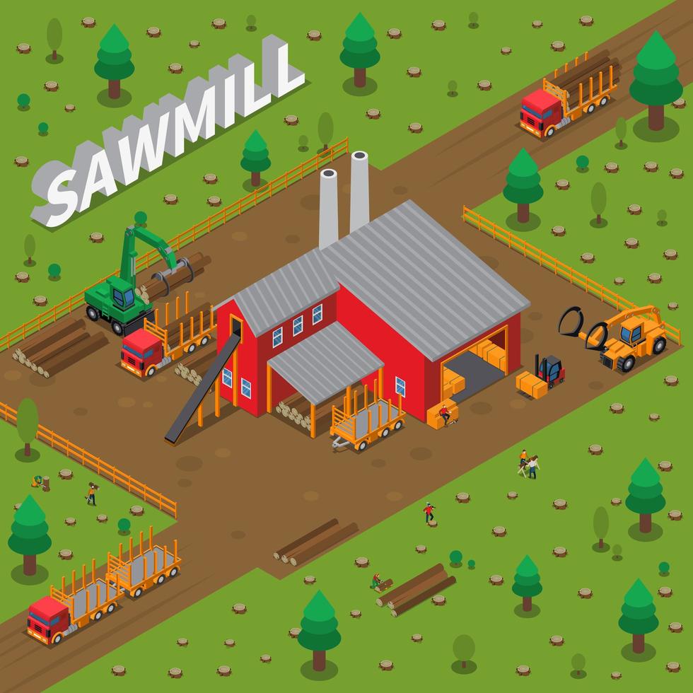 Sawmill Timber Mill Lumberjack Isometric Composition vector