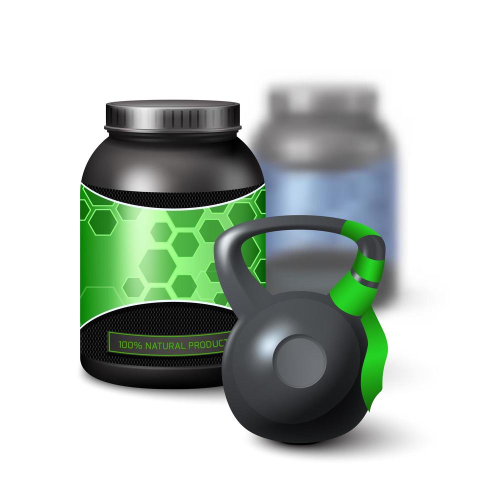 Weight kettlebell and jar of whey protein vector