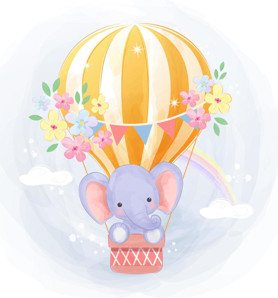Cute little elephant flying in hot air balloon vector