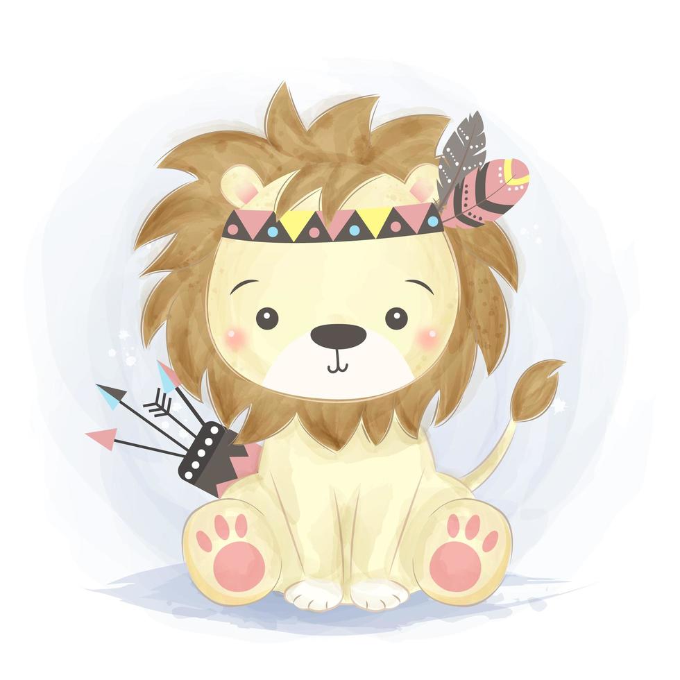 Adorable baby lion in tribal warrior costume vector