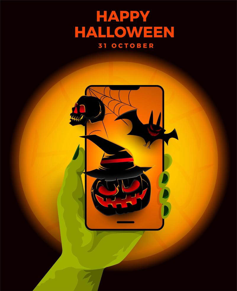 Halloween event poster with zombie hand holding phone vector