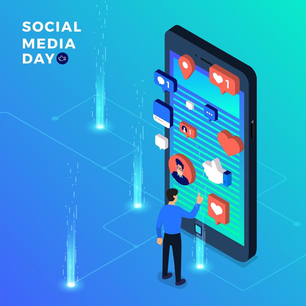 cartel del día de las redes sociales con personaje en smartphone vector