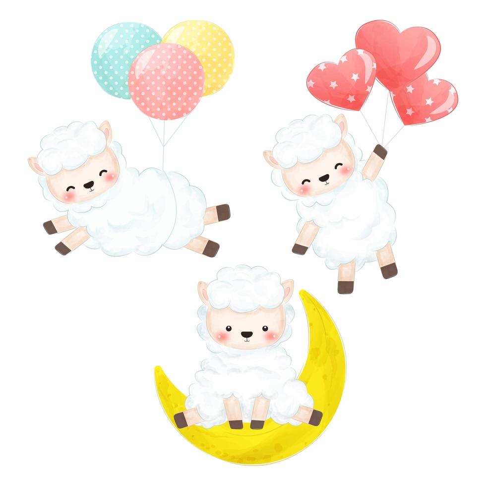 Baby lamb with balloons and moon set vector