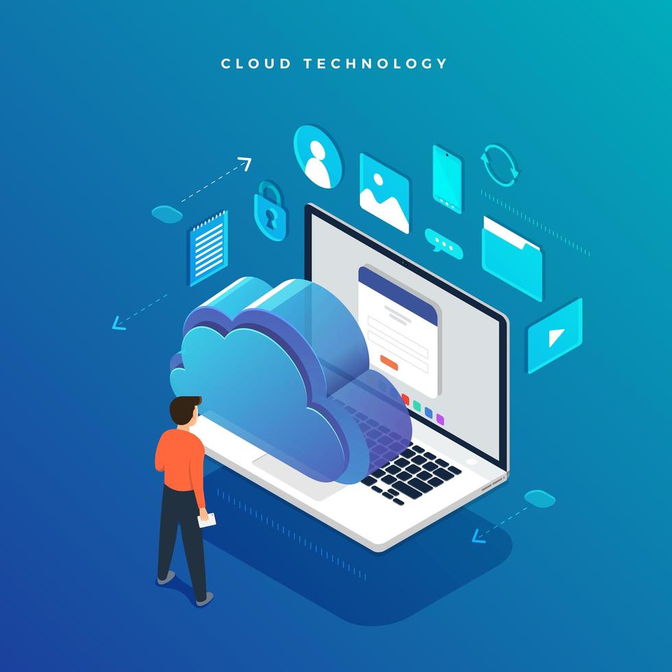Isometric cloud technology user network configuration concept vector