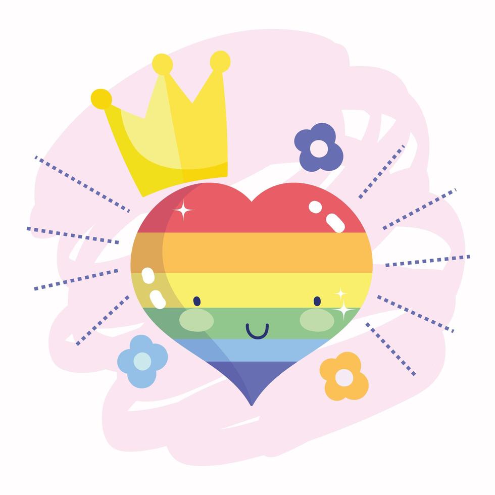 feliz día del orgullo, corazón del arco iris con corona y flores vector