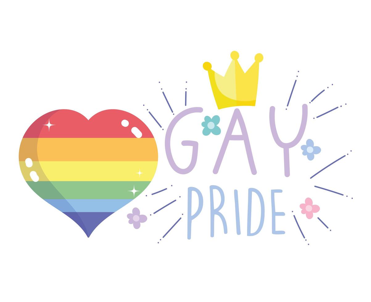 Happy pride day, rainbow heart and crown with text design vector