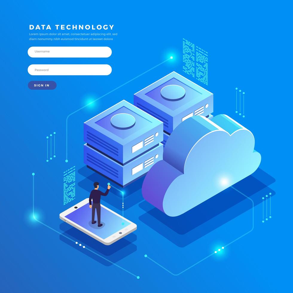 concepto de configuración de red de usuario de tecnología de datos isométricos vector