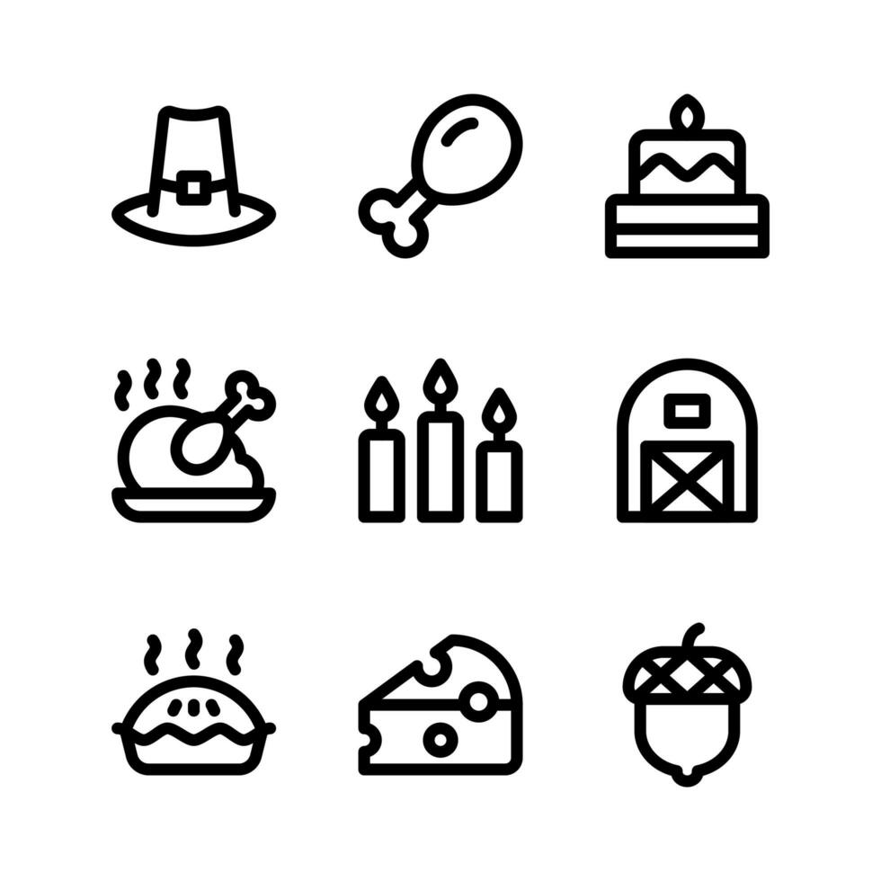 iconos de línea de acción de gracias que incluyen sombrero de peregrino, pastel y más vector