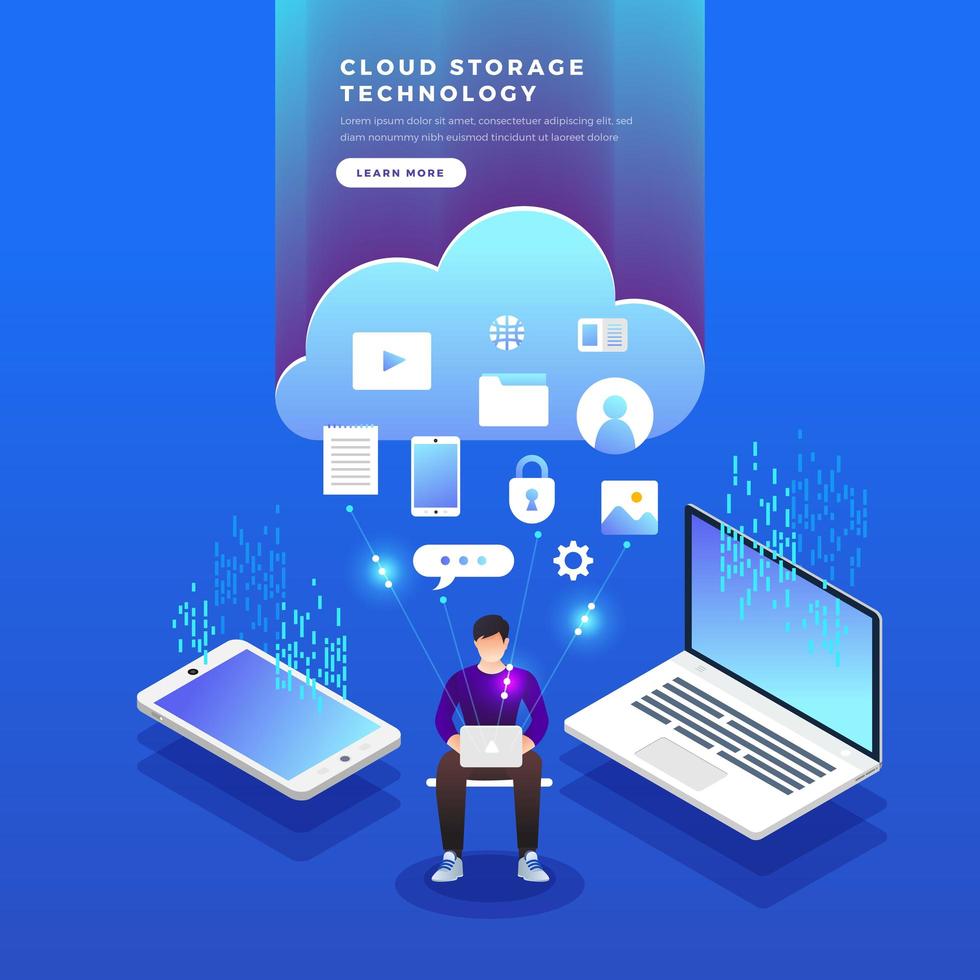 Isometric cloud storage technology user network configuration concept vector