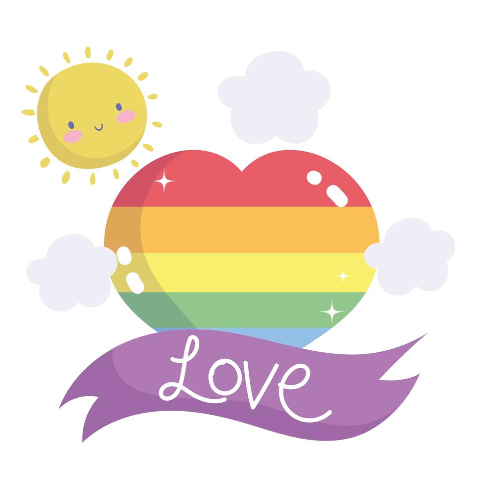 feliz día del orgullo, corazón de arco iris con sol, dibujos animados de nubes vector