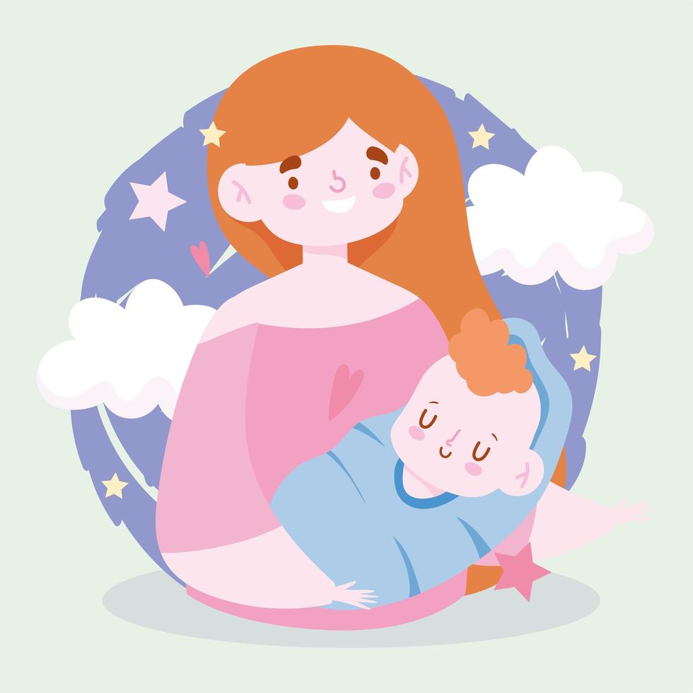 Mother and baby with clouds and stars vector