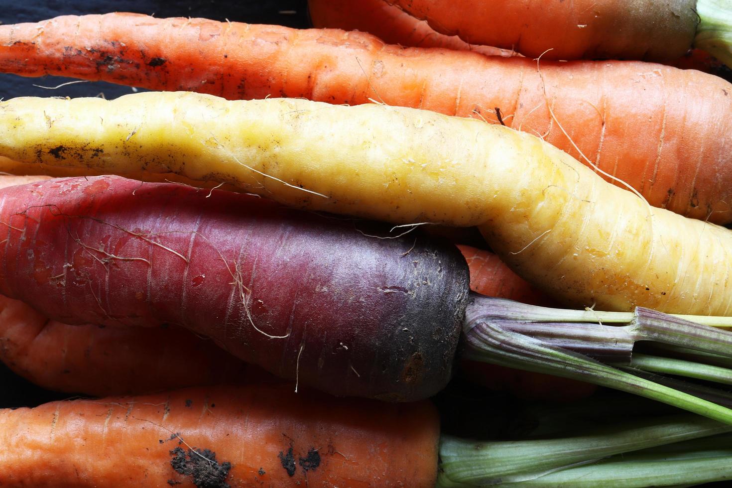 zanahorias coloridas sin lavar para fondo de alimentos foto