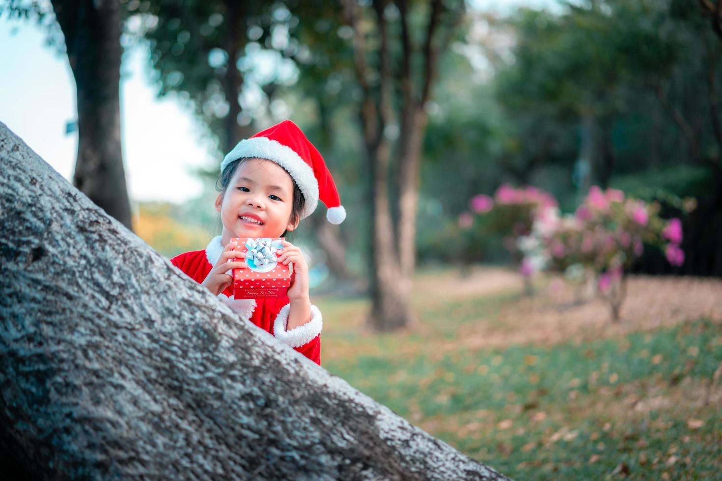 Little Asian girl in red Santa Claus costume photo