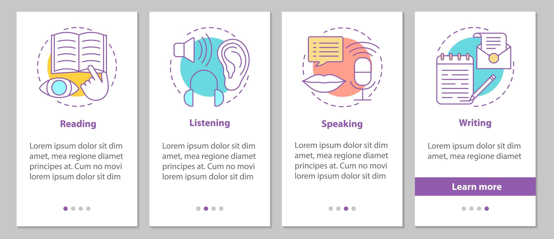 Basic language skills onboarding screens vector