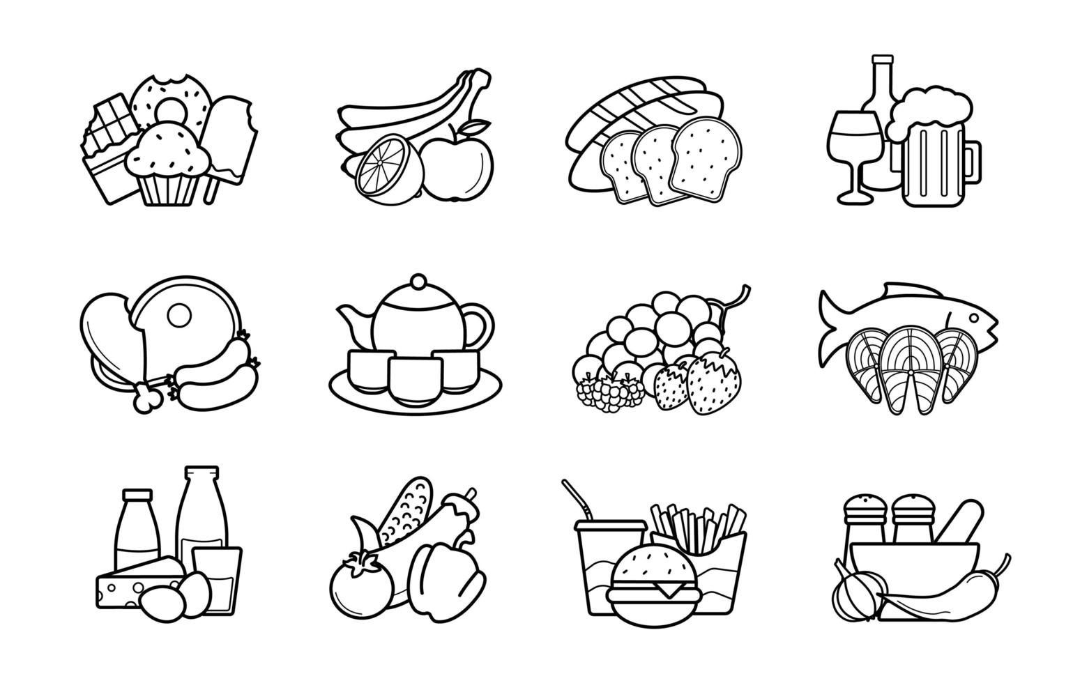 Food and drinks linear icons set vector