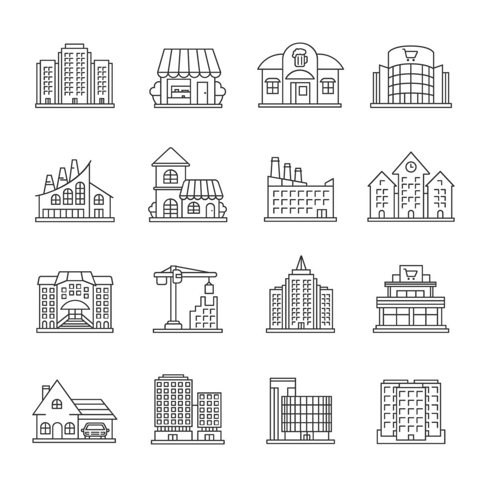 City buildings linear icons set vector