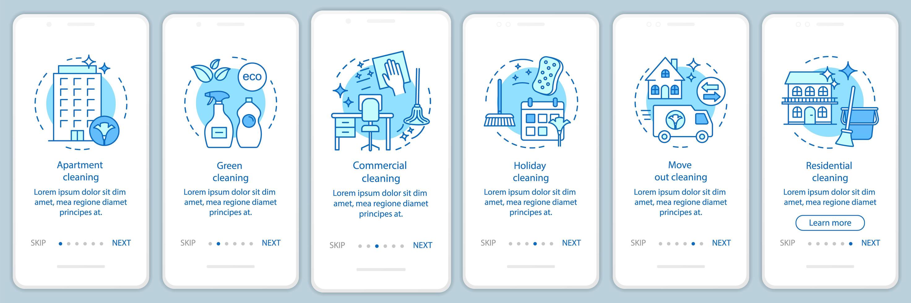 servicios de limpieza onboarding app móvil vector